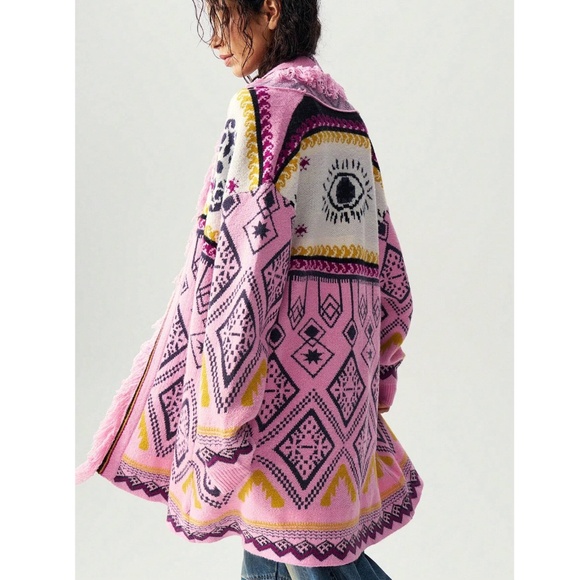 Pink Boho Open Cardigan Tassel, Fringe Detailed Geometric, Aztec Print - Picture 6 of 9
